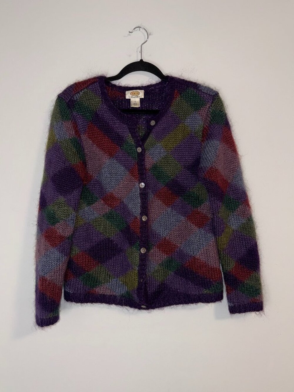 VTG 1990s Talbots Hand Knit Spun and Brushed Mohair Blend Argyle Cardigan Sz S